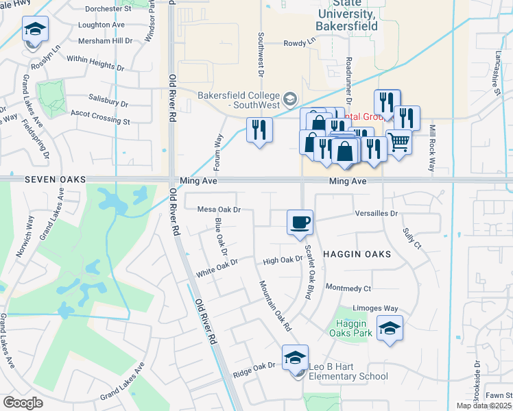 map of restaurants, bars, coffee shops, grocery stores, and more near 9600 Mesa Oak Drive in Bakersfield