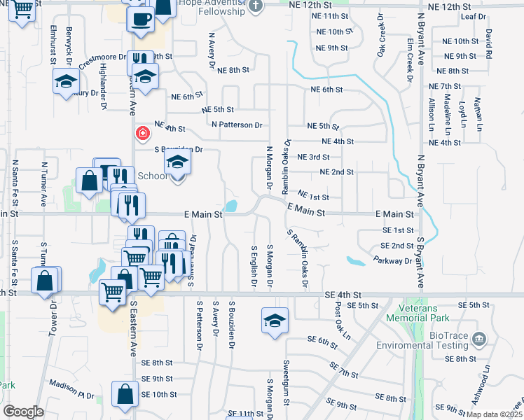 map of restaurants, bars, coffee shops, grocery stores, and more near 112 South Morgan Drive in Moore