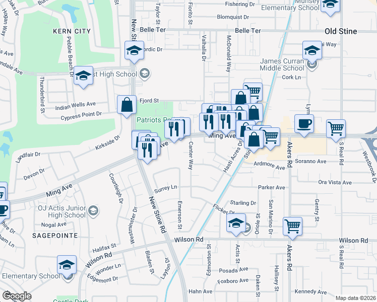 map of restaurants, bars, coffee shops, grocery stores, and more near 1817 Canter Way in Bakersfield