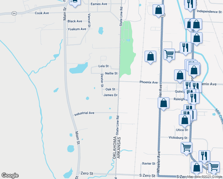 map of restaurants, bars, coffee shops, grocery stores, and more near 107 Oak Street in Arkoma