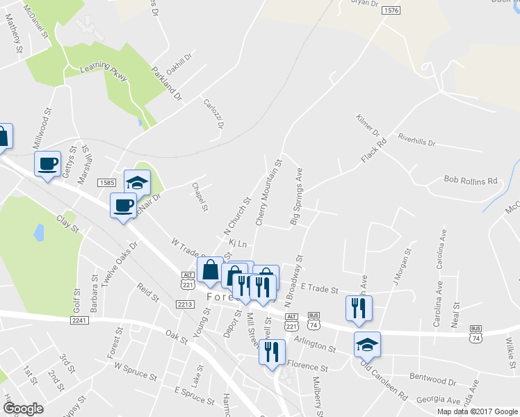 map of restaurants, bars, coffee shops, grocery stores, and more near 269 Cherry Mountain Street in Forest City