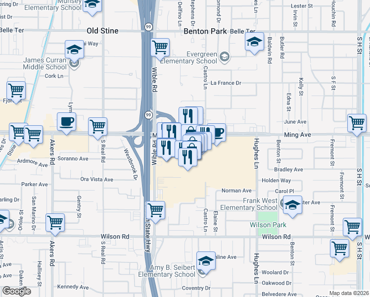 map of restaurants, bars, coffee shops, grocery stores, and more near 3001 Ming Avenue in Bakersfield