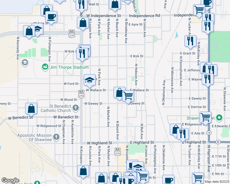 map of restaurants, bars, coffee shops, grocery stores, and more near 740 North Beard Avenue in Shawnee
