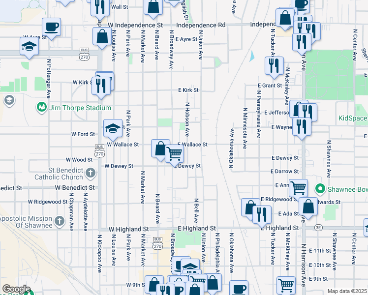 map of restaurants, bars, coffee shops, grocery stores, and more near 21 East Wallace Street in Shawnee