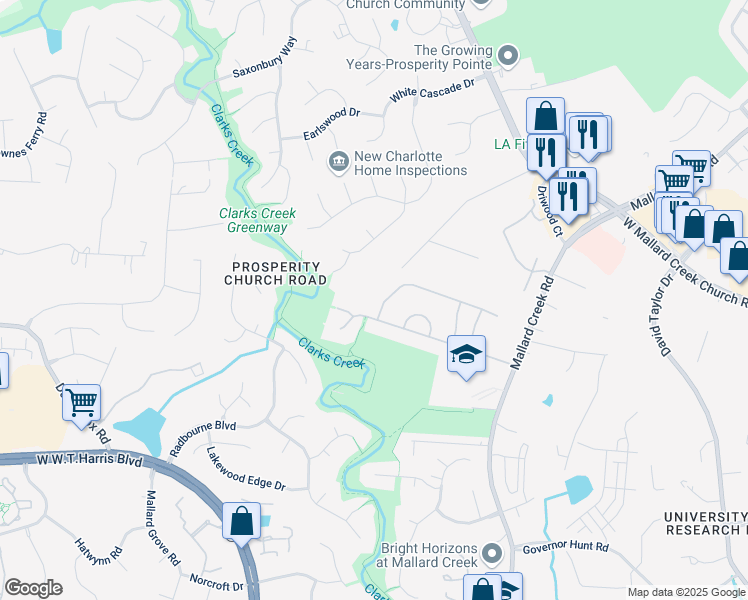 map of restaurants, bars, coffee shops, grocery stores, and more near 9909 Lampkin Way in Charlotte