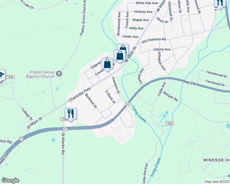 map of restaurants, bars, coffee shops, grocery stores, and more near 206 Freedom Drive in Albemarle