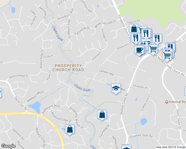 map of restaurants, bars, coffee shops, grocery stores, and more near 9909 Lampkin Way in Charlotte