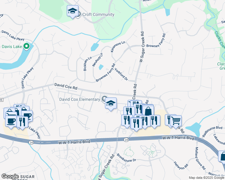 map of restaurants, bars, coffee shops, grocery stores, and more near 4100 David Cox Road in Charlotte