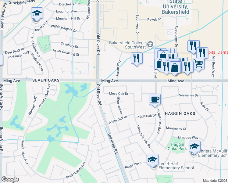 map of restaurants, bars, coffee shops, grocery stores, and more near 9808 Mesa Oak Drive in Bakersfield