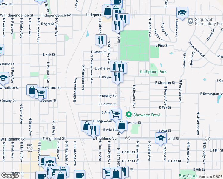 map of restaurants, bars, coffee shops, grocery stores, and more near 1023 North McKinley Avenue in Shawnee