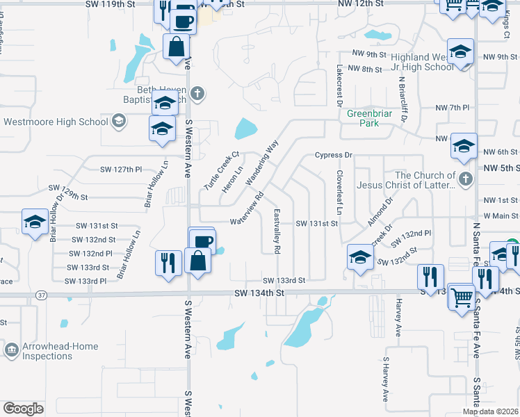 map of restaurants, bars, coffee shops, grocery stores, and more near 13104 Moccasin Lane in Oklahoma City