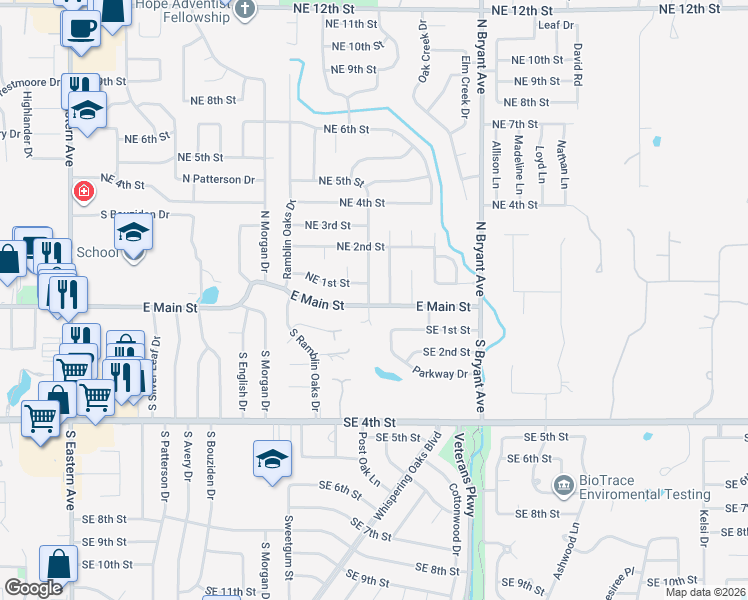 map of restaurants, bars, coffee shops, grocery stores, and more near 104 North Hickory Lane in Moore