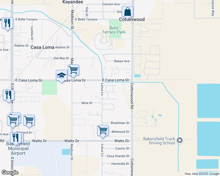 map of restaurants, bars, coffee shops, grocery stores, and more near 1525 Lotus Lane in Bakersfield