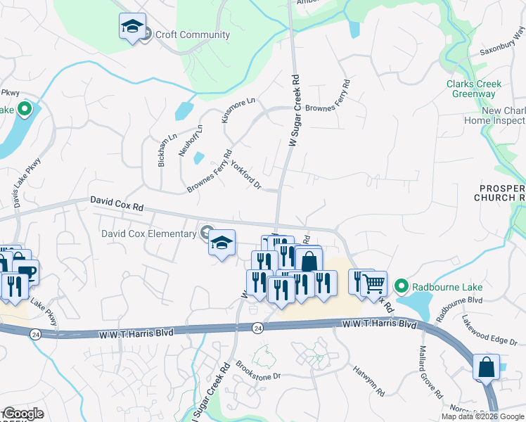 map of restaurants, bars, coffee shops, grocery stores, and more near 4000 David Cox Road in Charlotte