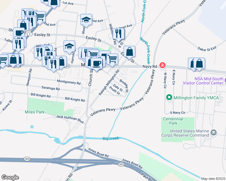 map of restaurants, bars, coffee shops, grocery stores, and more near 5060 O'Conner Street in Millington