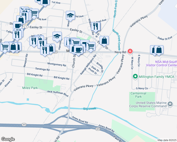 map of restaurants, bars, coffee shops, grocery stores, and more near 5060 O'Conner Street in Millington