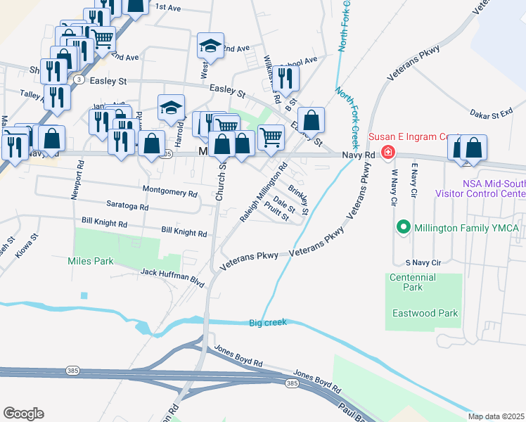 map of restaurants, bars, coffee shops, grocery stores, and more near 5060 O'Conner Street in Millington