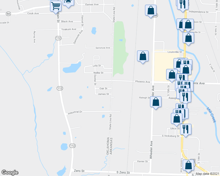 map of restaurants, bars, coffee shops, grocery stores, and more near 107 Oak Street in Arkoma