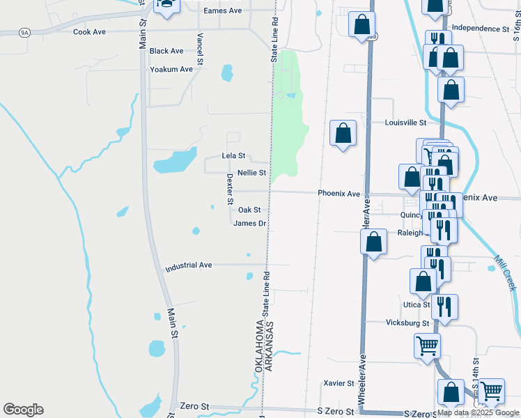 map of restaurants, bars, coffee shops, grocery stores, and more near 107 Oak Street in Arkoma