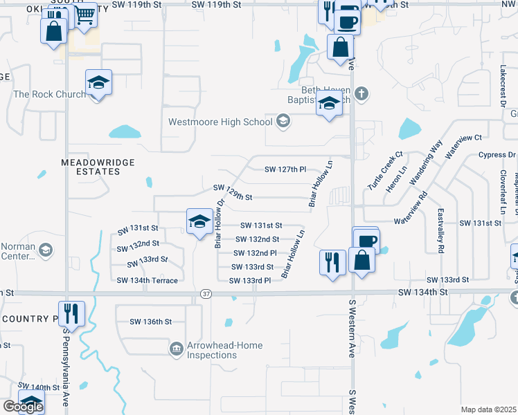 map of restaurants, bars, coffee shops, grocery stores, and more near 1137 Southwest 130th Street in Oklahoma City