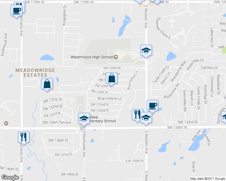 map of restaurants, bars, coffee shops, grocery stores, and more near 1109 Southwest 130th Street in Oklahoma City