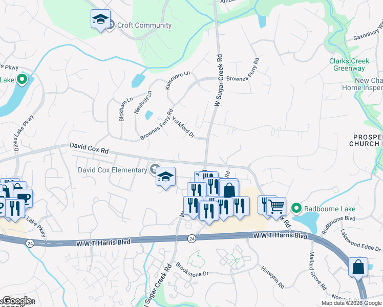 map of restaurants, bars, coffee shops, grocery stores, and more near 4000 David Cox Road in Charlotte