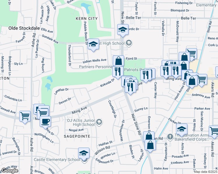 map of restaurants, bars, coffee shops, grocery stores, and more near 5500 Ming Avenue in Bakersfield