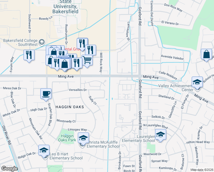 map of restaurants, bars, coffee shops, grocery stores, and more near 8506 Beau Maison Way in Bakersfield
