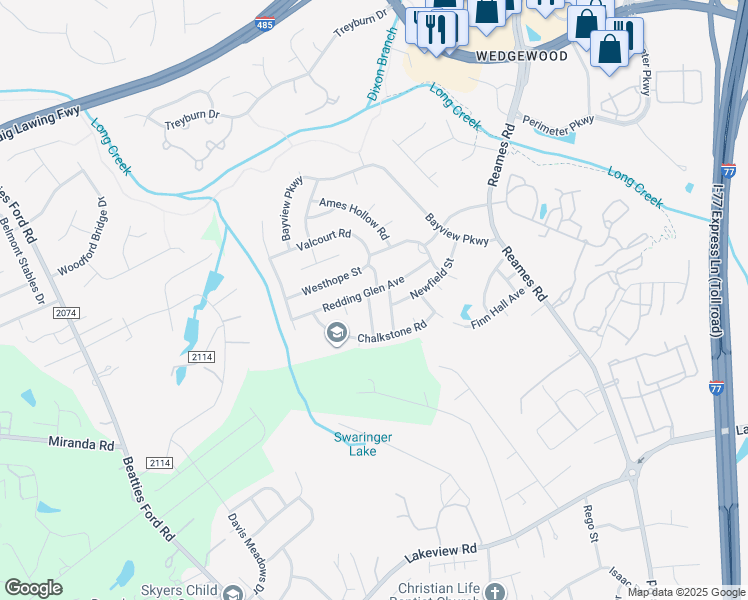 map of restaurants, bars, coffee shops, grocery stores, and more near 8238 Escaflowne Avenue in Charlotte