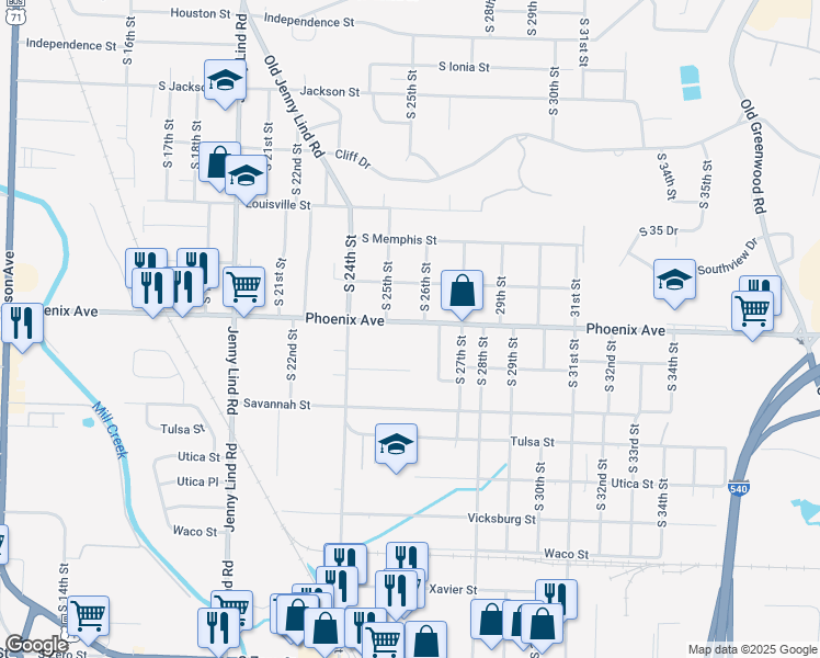 map of restaurants, bars, coffee shops, grocery stores, and more near 2512 Phoenix Avenue in Fort Smith