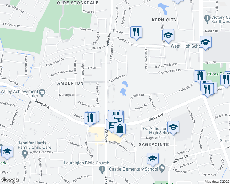 map of restaurants, bars, coffee shops, grocery stores, and more near 1700-6 Stonepine Circle North in Bakersfield