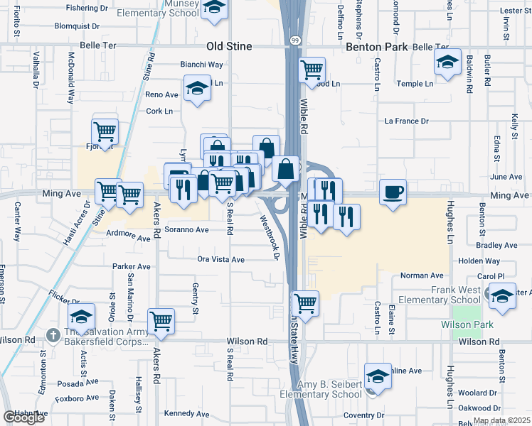map of restaurants, bars, coffee shops, grocery stores, and more near 1800 Westbrook Drive in Bakersfield