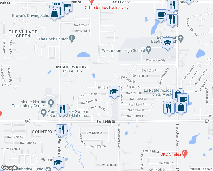 map of restaurants, bars, coffee shops, grocery stores, and more near 1337 Southwest 131st Terrace in Oklahoma City