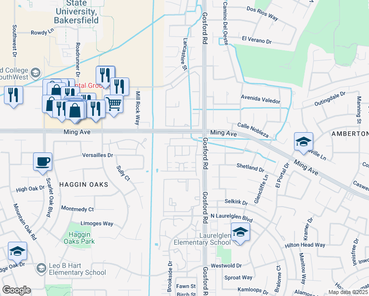 map of restaurants, bars, coffee shops, grocery stores, and more near 1800 New Riders Street in Bakersfield