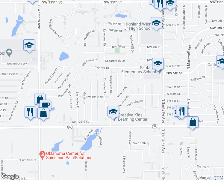 map of restaurants, bars, coffee shops, grocery stores, and more near 13116 Mapleleaf Drive in Oklahoma City