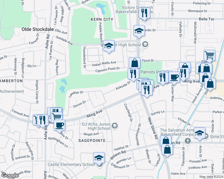 map of restaurants, bars, coffee shops, grocery stores, and more near 5800 Kirkside Drive in Bakersfield