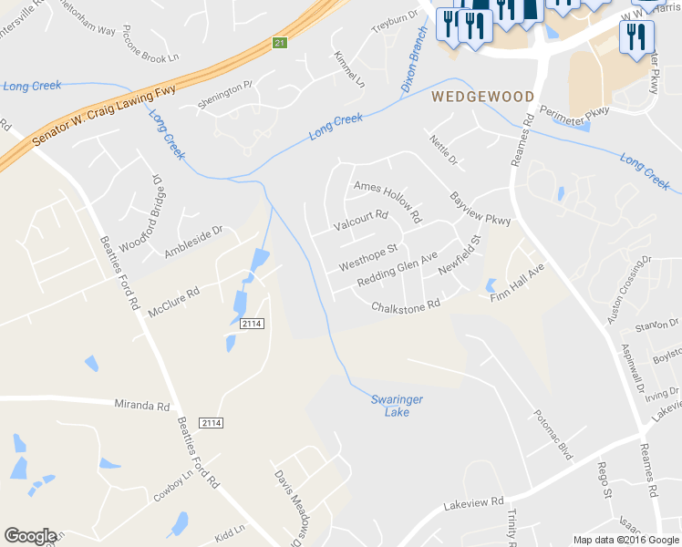 map of restaurants, bars, coffee shops, grocery stores, and more near 8520 Westhope Street in Charlotte