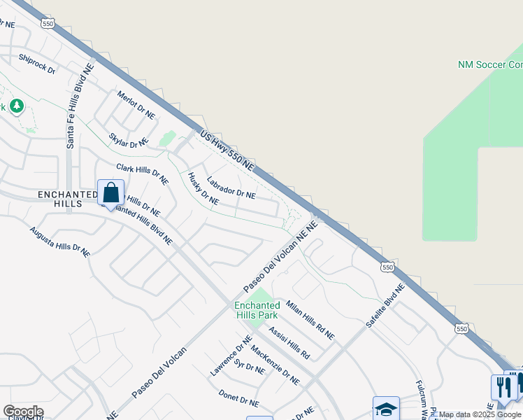 map of restaurants, bars, coffee shops, grocery stores, and more near 7157 Husky Drive Northeast in Rio Rancho