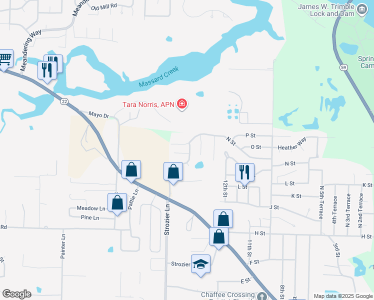map of restaurants, bars, coffee shops, grocery stores, and more near 1500 M Circle in Barling