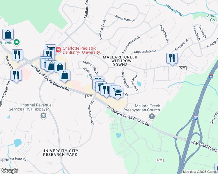 map of restaurants, bars, coffee shops, grocery stores, and more near 1923 Arbor Vista Drive in Charlotte