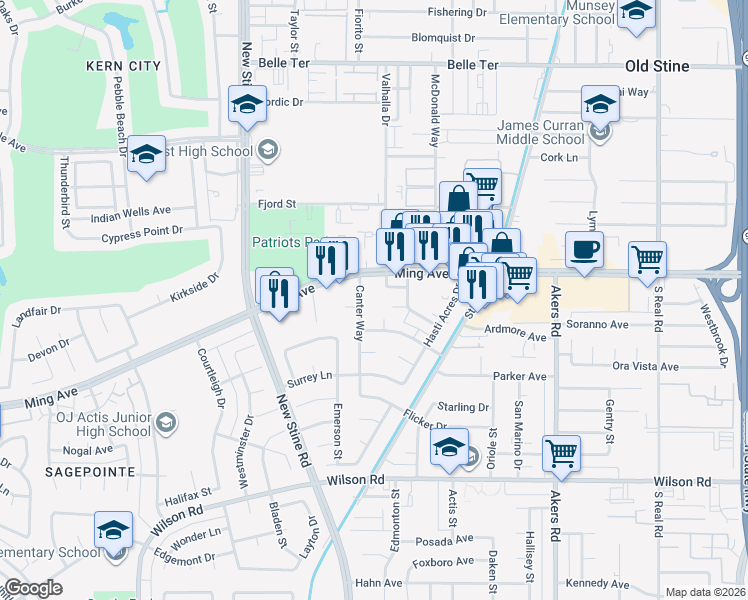 map of restaurants, bars, coffee shops, grocery stores, and more near 4949 Buckley Way in Bakersfield