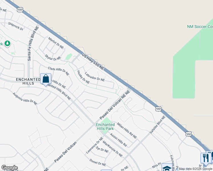 map of restaurants, bars, coffee shops, grocery stores, and more near 7157 Husky Drive Northeast in Rio Rancho
