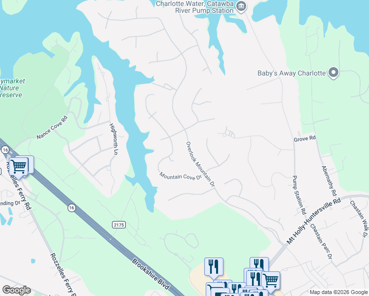 map of restaurants, bars, coffee shops, grocery stores, and more near 12011 Overlook Mountain Drive in Charlotte