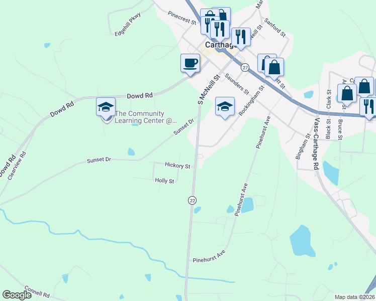 map of restaurants, bars, coffee shops, grocery stores, and more near 600 Walnut Street in Carthage