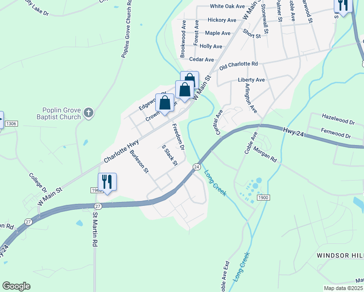 map of restaurants, bars, coffee shops, grocery stores, and more near 206 Freedom Drive in Albemarle