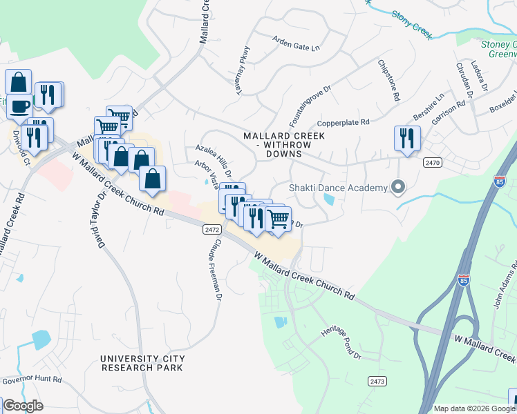 map of restaurants, bars, coffee shops, grocery stores, and more near 1923 Arbor Vista Drive in Charlotte
