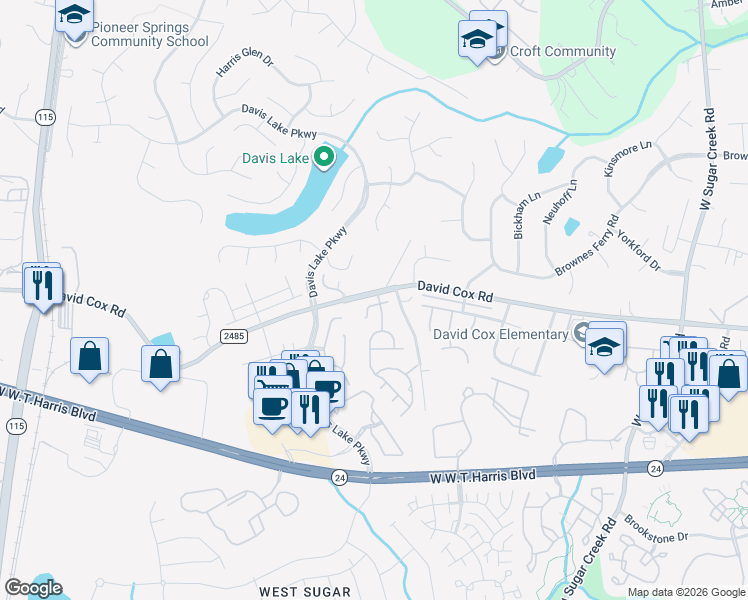 map of restaurants, bars, coffee shops, grocery stores, and more near 4715 Steepleglen Court in Charlotte