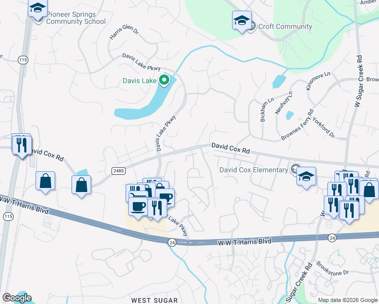 map of restaurants, bars, coffee shops, grocery stores, and more near 4715 Steepleglen Court in Charlotte