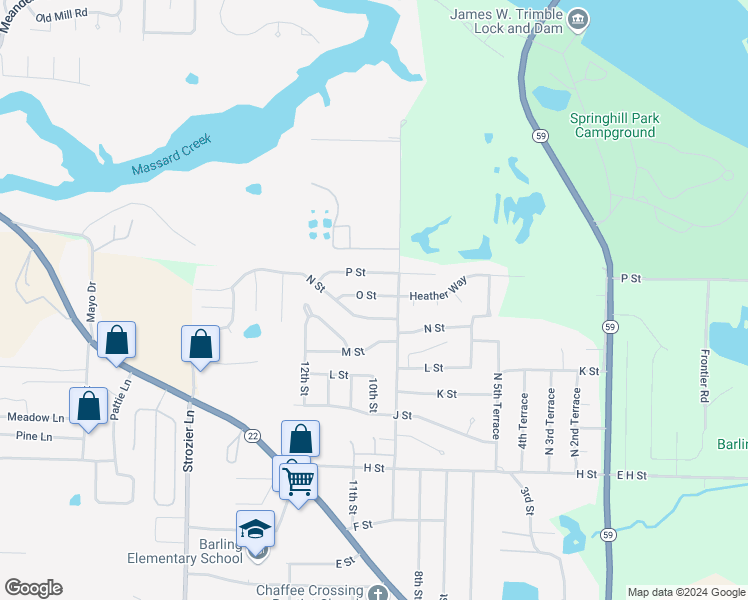 map of restaurants, bars, coffee shops, grocery stores, and more near 1001 O Street in Barling