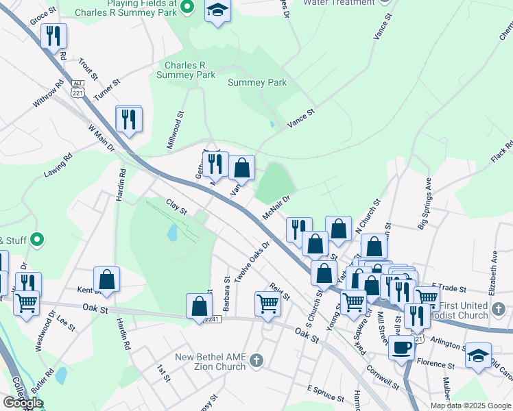 map of restaurants, bars, coffee shops, grocery stores, and more near 382 West Main Street in Forest City